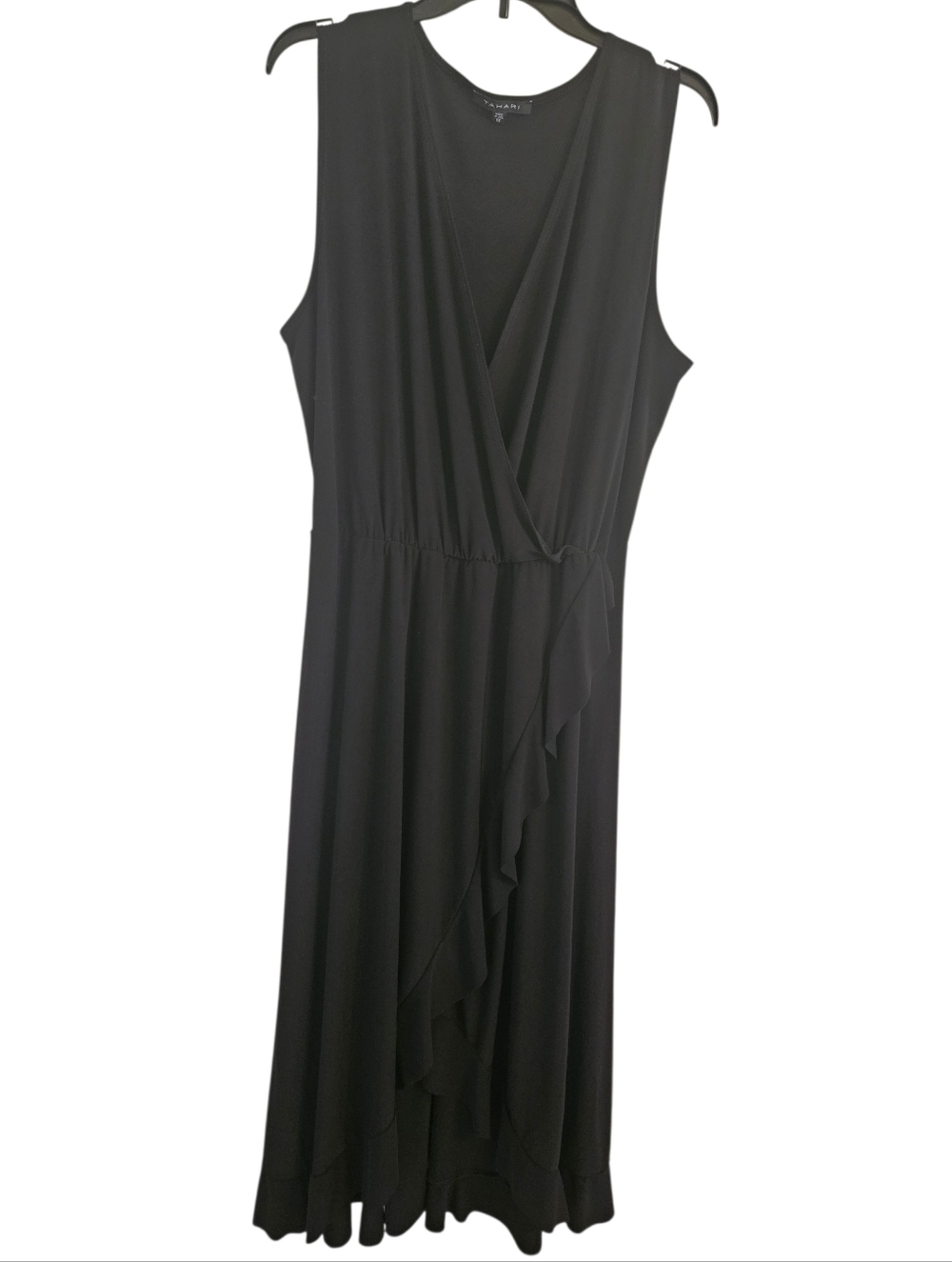 Tahari Black Faux Wrap Sleeveless Midi Dress Ruffled Skirt Sz 1X